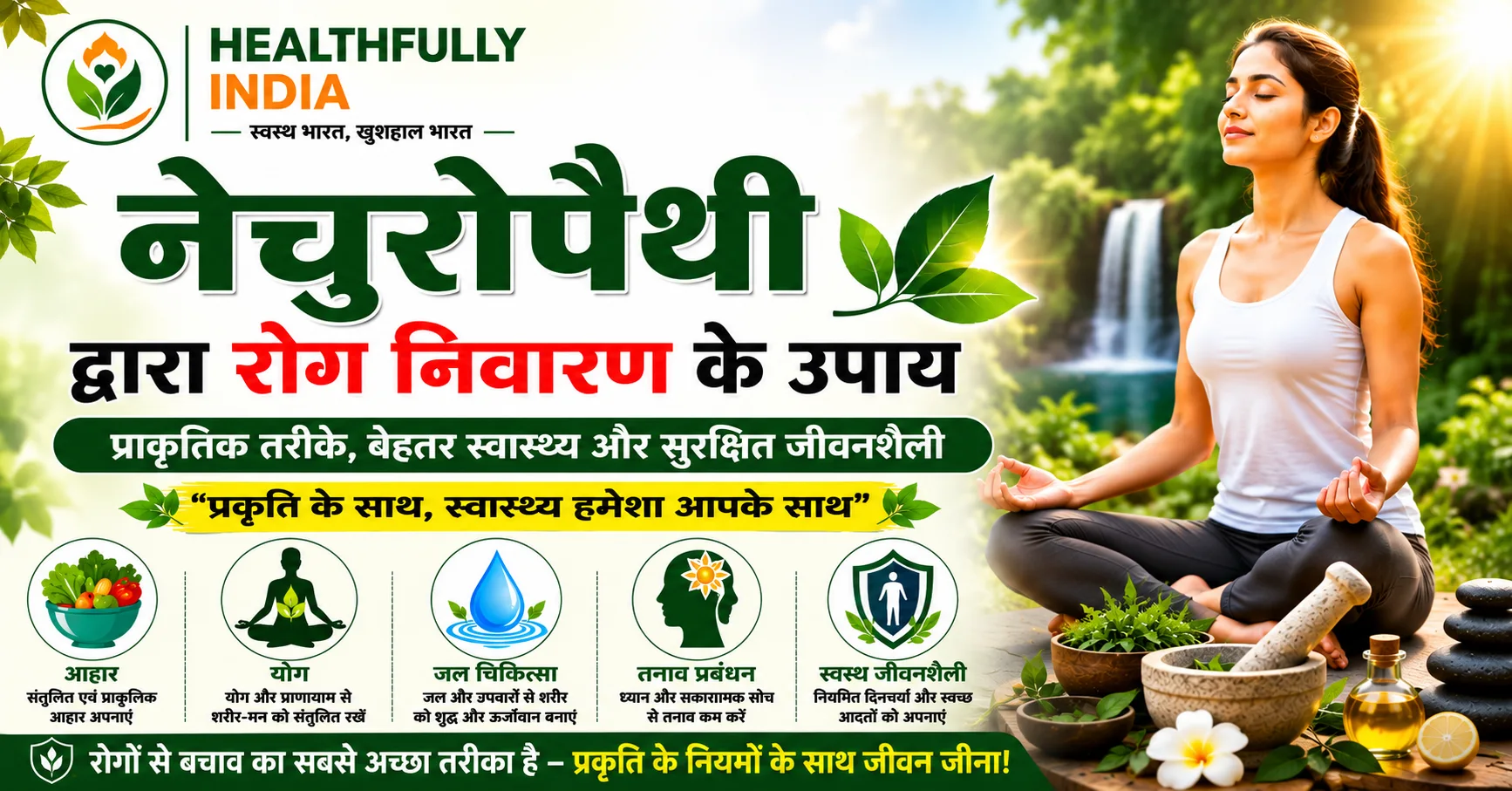 नेचुरोपैथी द्वारा रोग निवारण के उपाय दर्शाता थम्नेल, जिसमें योग, प्राकृतिक चिकित्सा, संतुलित आहार, तनाव प्रबंधन और स्वस्थ जीवनशैली के माध्यम से समग्र स्वास्थ्य को बढ़ावा देने की जानकारी दिखाई गई है।