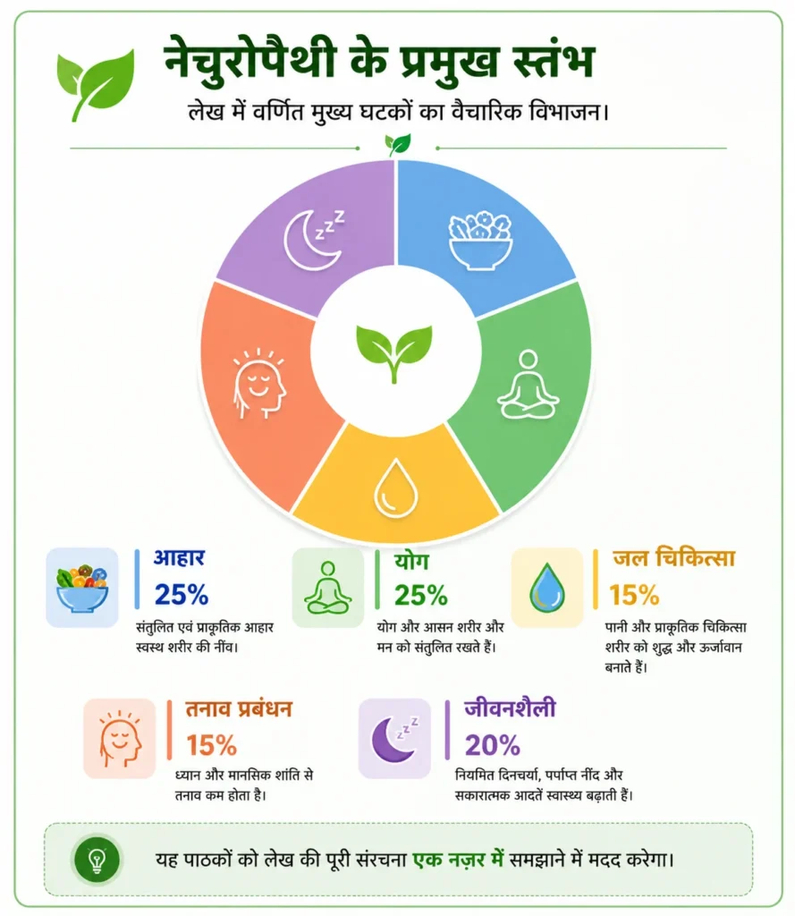 नेचुरोपैथी के प्रमुख स्तंभ दर्शाता इन्फोग्राफिक, जिसमें आहार (25%), योग (25%), जल चिकित्सा (15%), तनाव प्रबंधन (15%) और स्वस्थ जीवनशैली (20%) की भूमिका को दिखाया गया है।