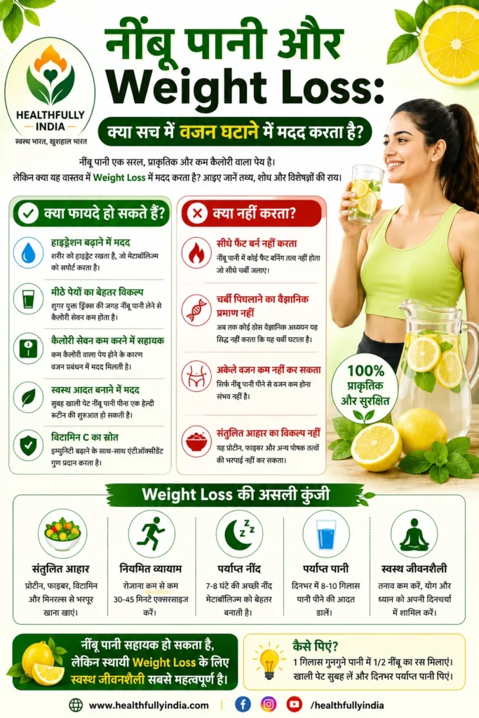 नींबू पानी और Weight Loss पर आधारित इन्फोग्राफिक, जिसमें हाइड्रेशन, कम कैलोरी सेवन, संभावित फायदे, मिथक और वैज्ञानिक तथ्य दर्शाए गए हैं।