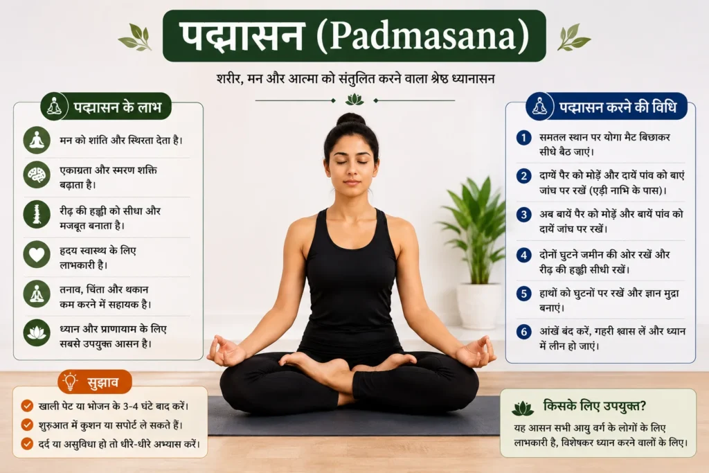 पद्मासन योगासन करते हुए व्यक्ति का चित्र, पद्मासन के फायदे और सही विधि