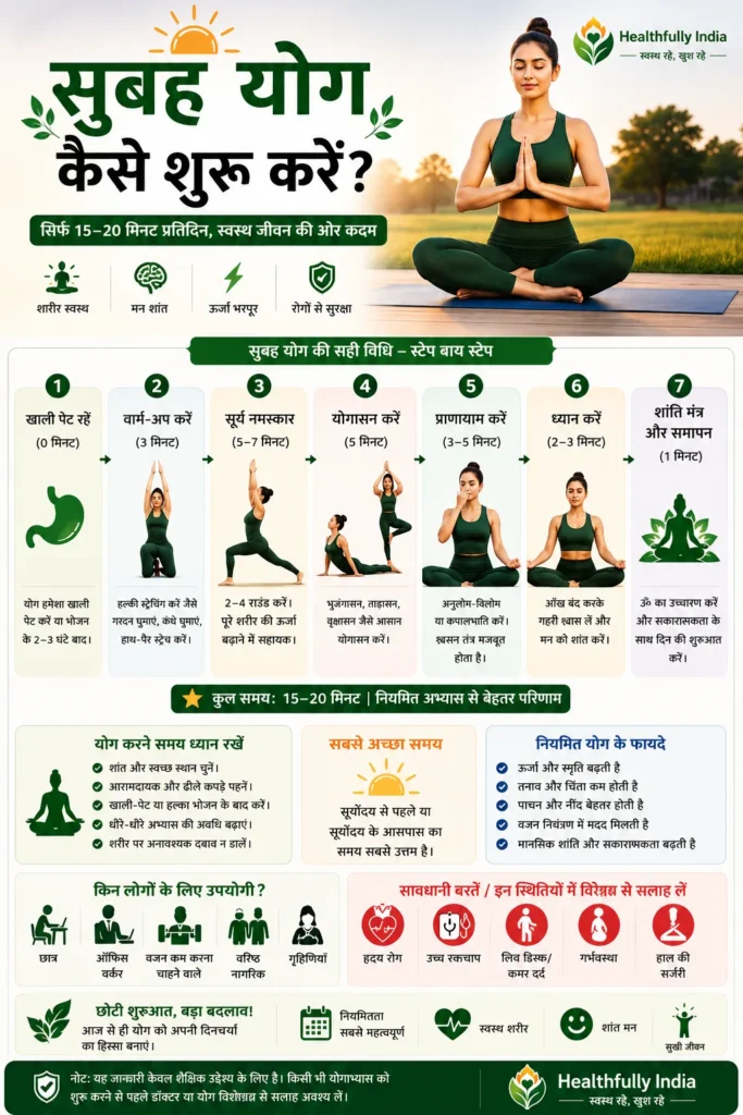 सुबह योग कैसे शुरू करें इन्फोग्राफिक, beginner morning yoga routine, सुबह योग रूटीन, सूर्य नमस्कार, प्राणायाम और ध्यान की सही विधि