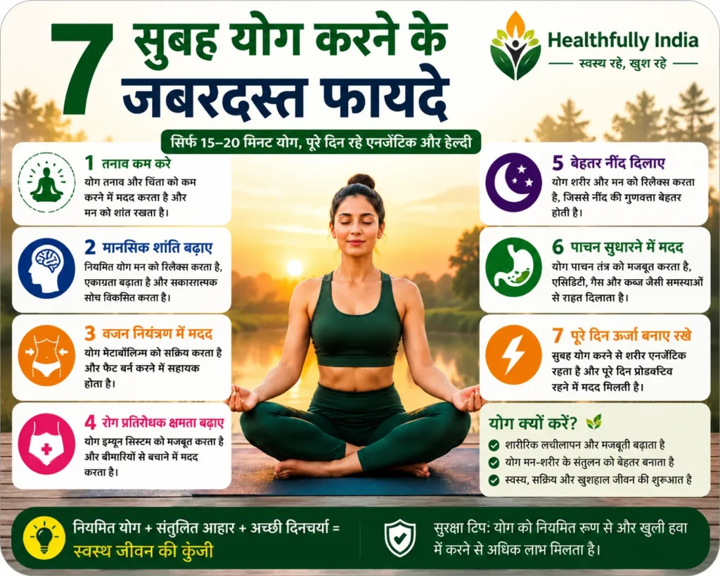 सुबह योग करने के 7 जबरदस्त फायदे इन्फोग्राफिक, जिसमें तनाव कम करना, मानसिक शांति, वजन नियंत्रण, पेट की चर्बी कम करना, बेहतर नींद, पाचन सुधार और पूरे दिन ऊर्जा बनाए रखने के लाभ दिखाए गए हैं।
