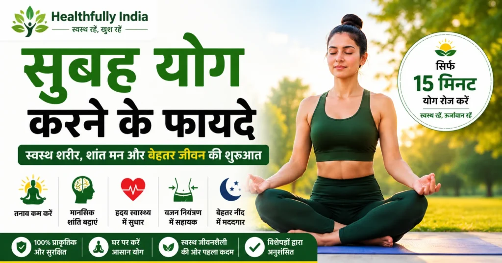 सुबह योग करने के फायदे बताते हुए योग मुद्रा में बैठी महिला, मानसिक शांति, वजन नियंत्रण, बेहतर नींद और स्वस्थ जीवनशैली से संबंधित इन्फोग्राफिक