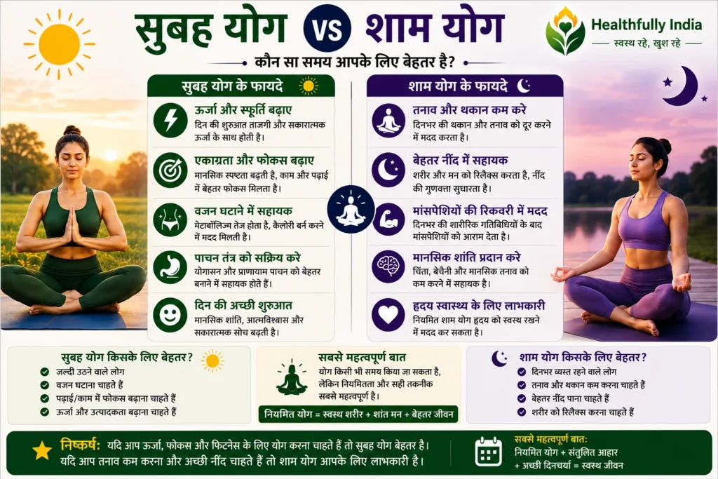 सुबह योग vs शाम योग तुलना इन्फोग्राफिक, सुबह योग के फायदे, शाम योग के फायदे, morning yoga vs evening yoga benefits comparison in Hindi