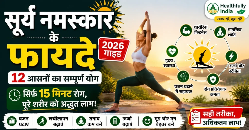 सूर्य नमस्कार के फायदे, 12 आसनों वाला सूर्य नमस्कार योग, वजन घटाने, लचीलापन बढ़ाने, मानसिक शांति और सम्पूर्ण स्वास्थ्य लाभ के लिए सूर्य नमस्कार