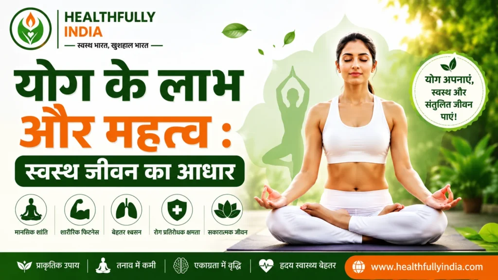 योग के लाभ और महत्व दर्शाता इन्फोग्राफिक, जिसमें ध्यान मुद्रा में योग करती महिला, मानसिक शांति, शारीरिक फिटनेस, बेहतर श्वसन, रोग प्रतिरोधक क्षमता और स्वस्थ जीवन के लाभ दिखाए गए हैं।