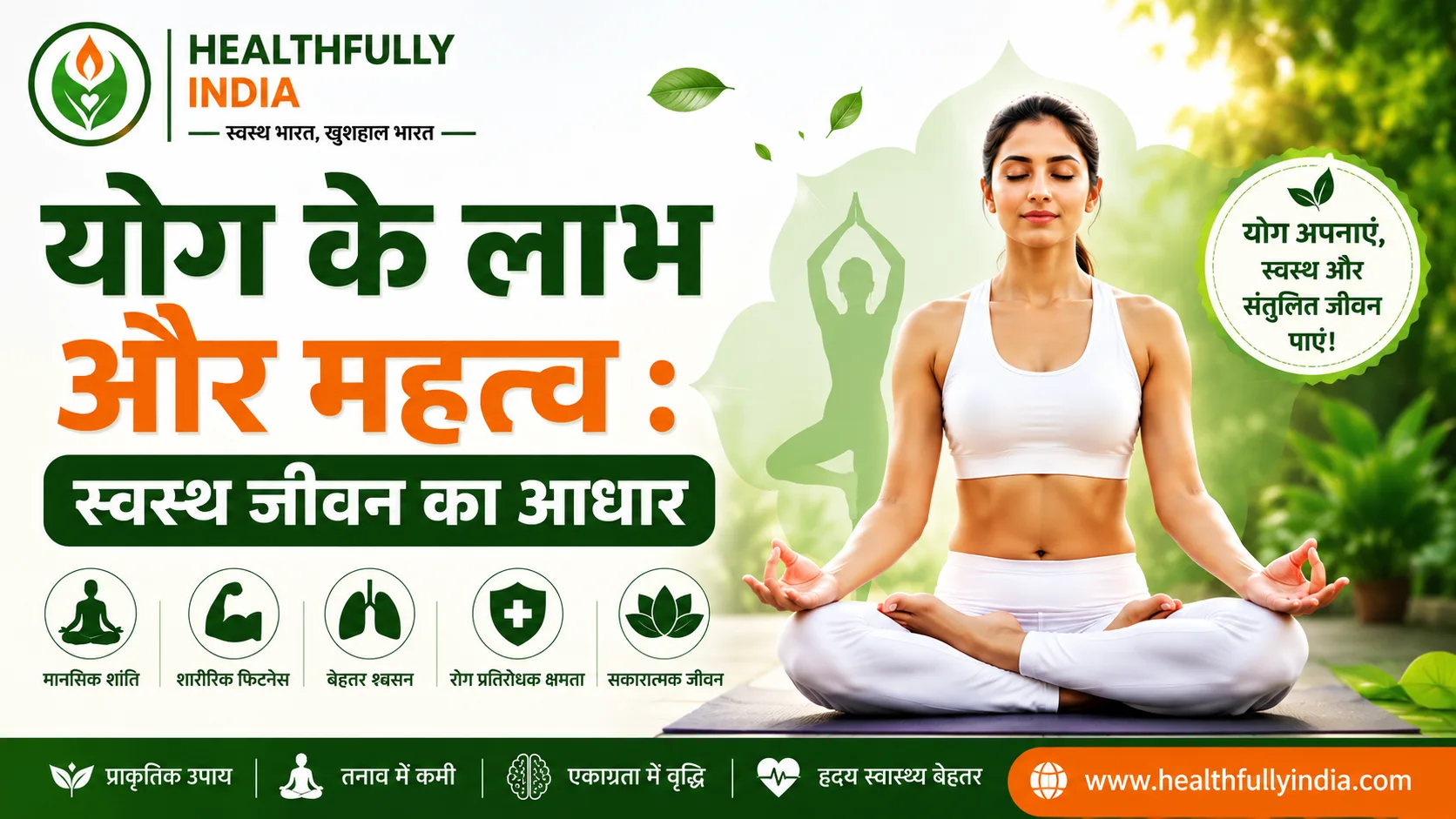 योग के लाभ और महत्व दर्शाता इन्फोग्राफिक, जिसमें ध्यान मुद्रा में योग करती महिला, मानसिक शांति, शारीरिक फिटनेस, बेहतर श्वसन, रोग प्रतिरोधक क्षमता और स्वस्थ जीवन के लाभ दिखाए गए हैं।