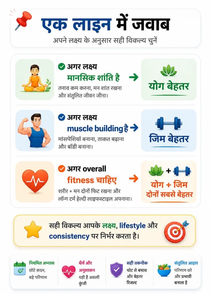 योग और जिम की तुलना दर्शाता इन्फोग्राफिक, जिसमें मानसिक शांति, मसल गेन और ओवरऑल फिटनेस के अनुसार सही विकल्प बताया गया है।