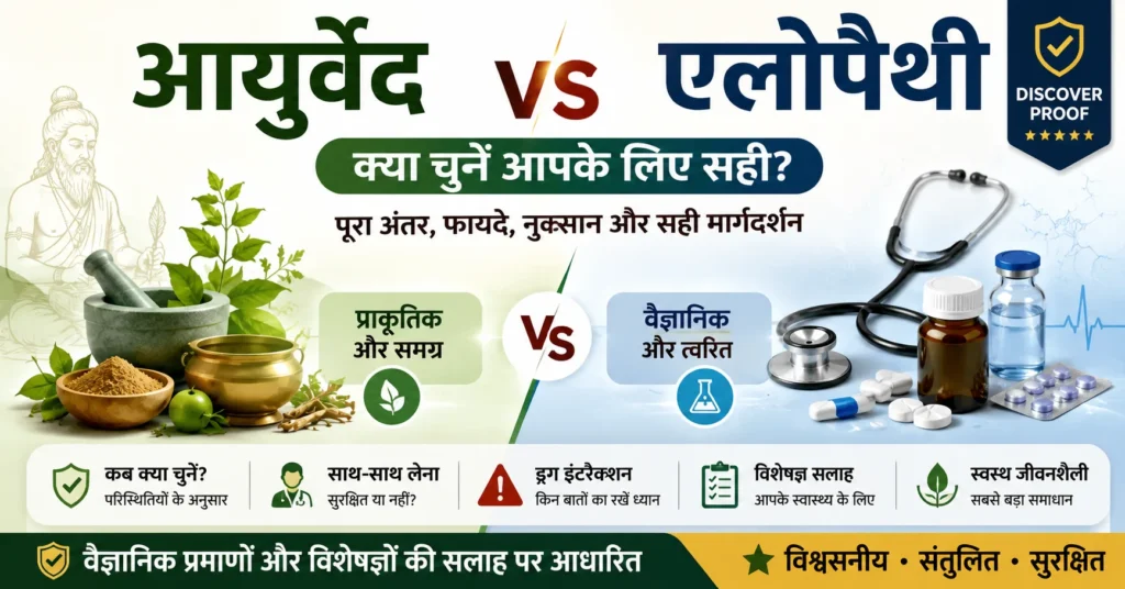 एलोपैथी और आयुर्वेद में अंतर दर्शाती इमेज, जिसमें आधुनिक एलोपैथी चिकित्सा और आयुर्वेदिक उपचार पद्धति की संतुलित तुलना दिखाई गई है।