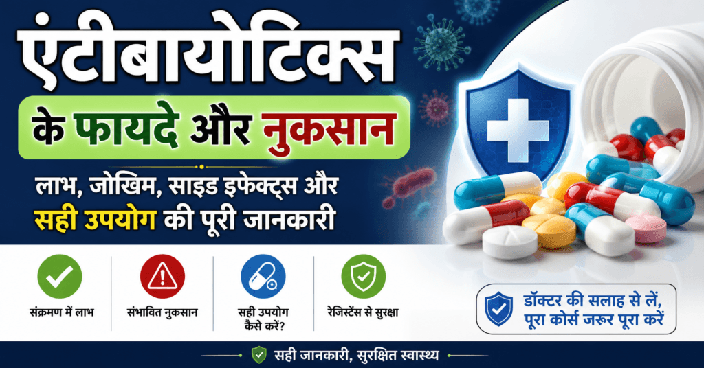 एंटीबायोटिक्स के फायदे और नुकसान – बैक्टीरियल संक्रमण में एंटीबायोटिक्स का सही उपयोग, साइड इफेक्ट्स, एंटीबायोटिक रेज़िस्टेंस और डॉक्टर की सलाह पर आधारित जानकारी।