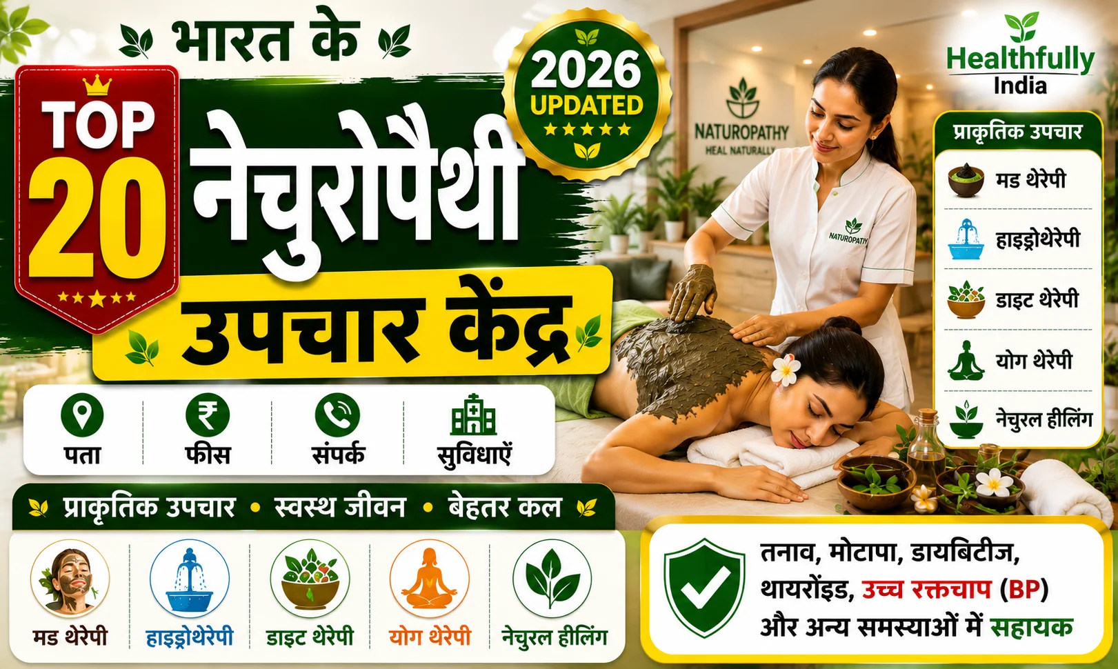 भारत के टॉप 20 नेचुरोपैथी उपचार केंद्र – मड थेरेपी, हाइड्रोथेरेपी, योग और प्राकृतिक चिकित्सा उपचार करते हुए विशेषज्ञ।