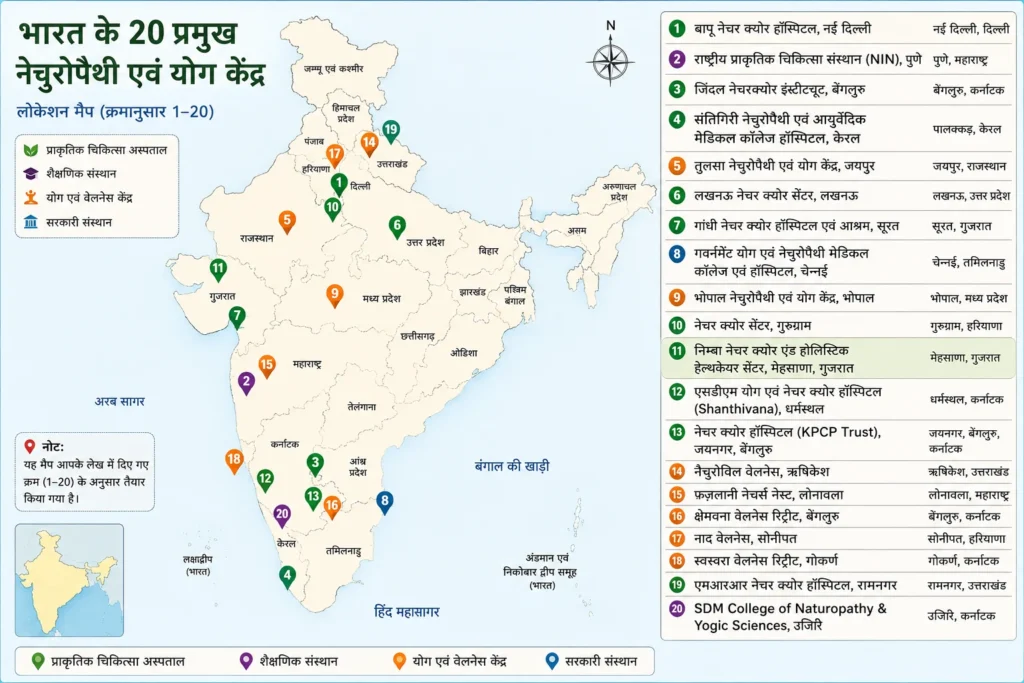 भारत का लोकेशन मैप जिसमें 2026 के 20 प्रमुख नेचुरोपैथी उपचार केंद्र, उनके शहर और राज्यों के स्थान क्रम संख्या सहित दर्शाए गए हैं।