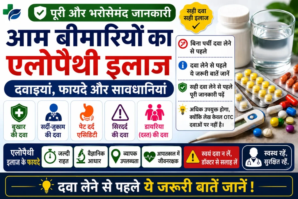 आम बीमारियों का एलोपैथी इलाज – बुखार, सर्दी-जुकाम, सिरदर्द, पेट दर्द, एसिडिटी और डायरिया के लिए सामान्य एलोपैथी दवाइयां, फायदे, सावधानियां, OTC बनाम Prescription दवाएं और डॉक्टर से कब मिलें