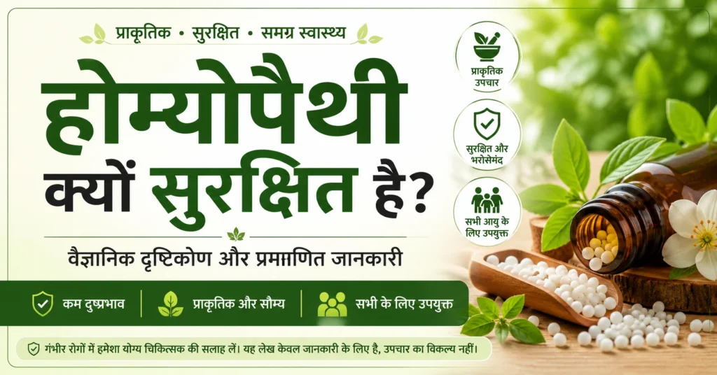 होम्योपैथी क्यों सुरक्षित है? वैज्ञानिक दृष्टिकोण, न्यूनतम खुराक (Minimum Dose), होम्योपैथी की सुरक्षा, दुष्प्रभाव, होम्योपैथी बनाम एलोपैथी और प्रमाणित स्वास्थ्य जानकारी को दर्शाता थंबनेल।