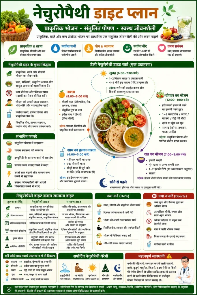 नेचुरोपैथी डाइट प्लान इन्फोग्राफिक – डेली नेचुरोपैथी डाइट चार्ट, क्या खाएं, क्या न खाएं, प्राकृतिक भोजन, संतुलित आहार और स्वस्थ जीवनशैली गाइड