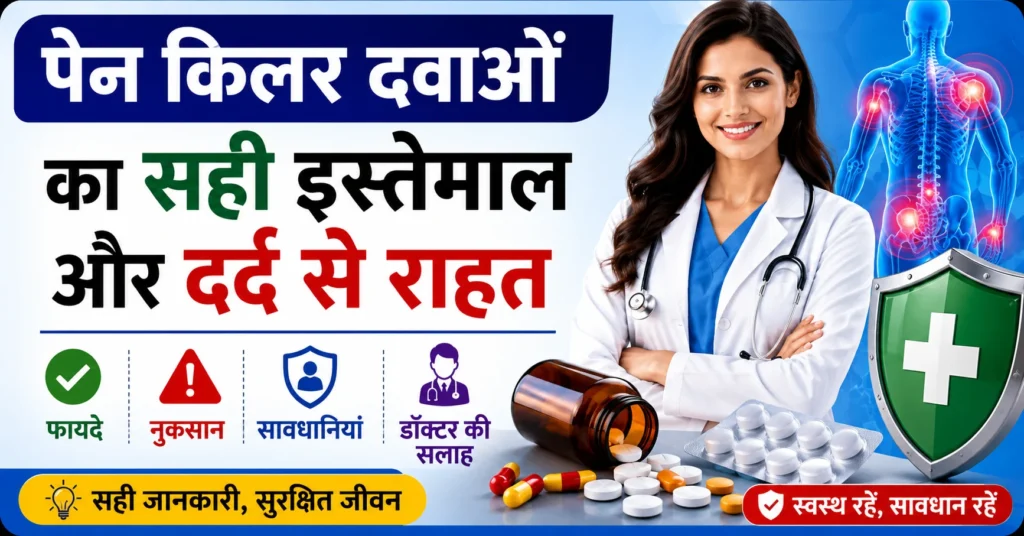 पेन किलर दवाओं का सही इस्तेमाल, Painkiller Uses in Hindi, फायदे, नुकसान, साइड इफेक्ट्स, सुरक्षित उपयोग और डॉक्टर की सलाह को दर्शाती मेडिकल इमेज