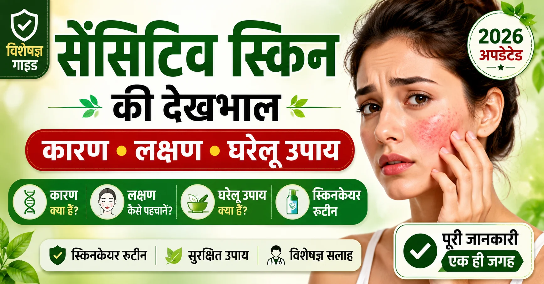 सेंसिटिव स्किन की देखभाल – कारण, लक्षण, घरेलू उपाय, स्किनकेयर रूटीन और विशेषज्ञ सलाह दर्शाती थंबनेल इमेज