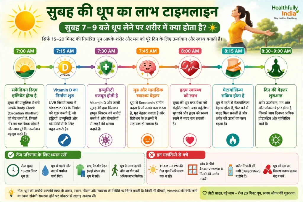 सुबह 7 से 9 बजे तक धूप लेने के दौरान शरीर में होने वाले बदलावों की टाइमलाइन इन्फोग्राफिक, जिसमें Vitamin D, इम्युनिटी, मानसिक स्वास्थ्य, मेटाबॉलिज्म और बेहतर नींद के लाभ दिखाए गए हैं।