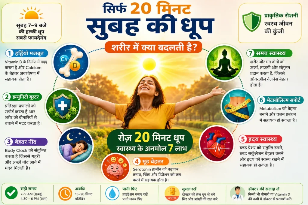 सुबह 20 मिनट धूप लेने के 7 प्रमुख स्वास्थ्य लाभ दर्शाता इन्फोग्राफिक – Vitamin D, मजबूत हड्डियां, बेहतर इम्युनिटी, अच्छी नींद, मानसिक स्वास्थ्य, हृदय स्वास्थ्य और स्वस्थ मेटाबॉलिज्म